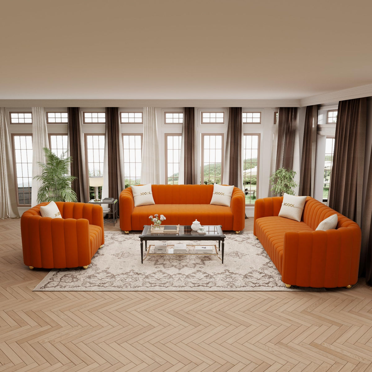 Orange Velvet Tufted 3-Piece Sofa Set G450469