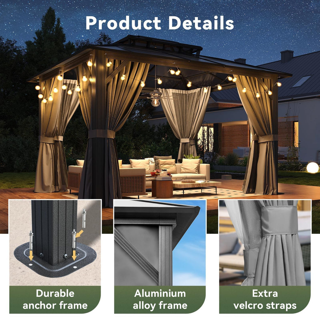 10'x12' Hardtop Aluminum Gazebo with Polycarbonate Roof, Curtains and Netting W1737