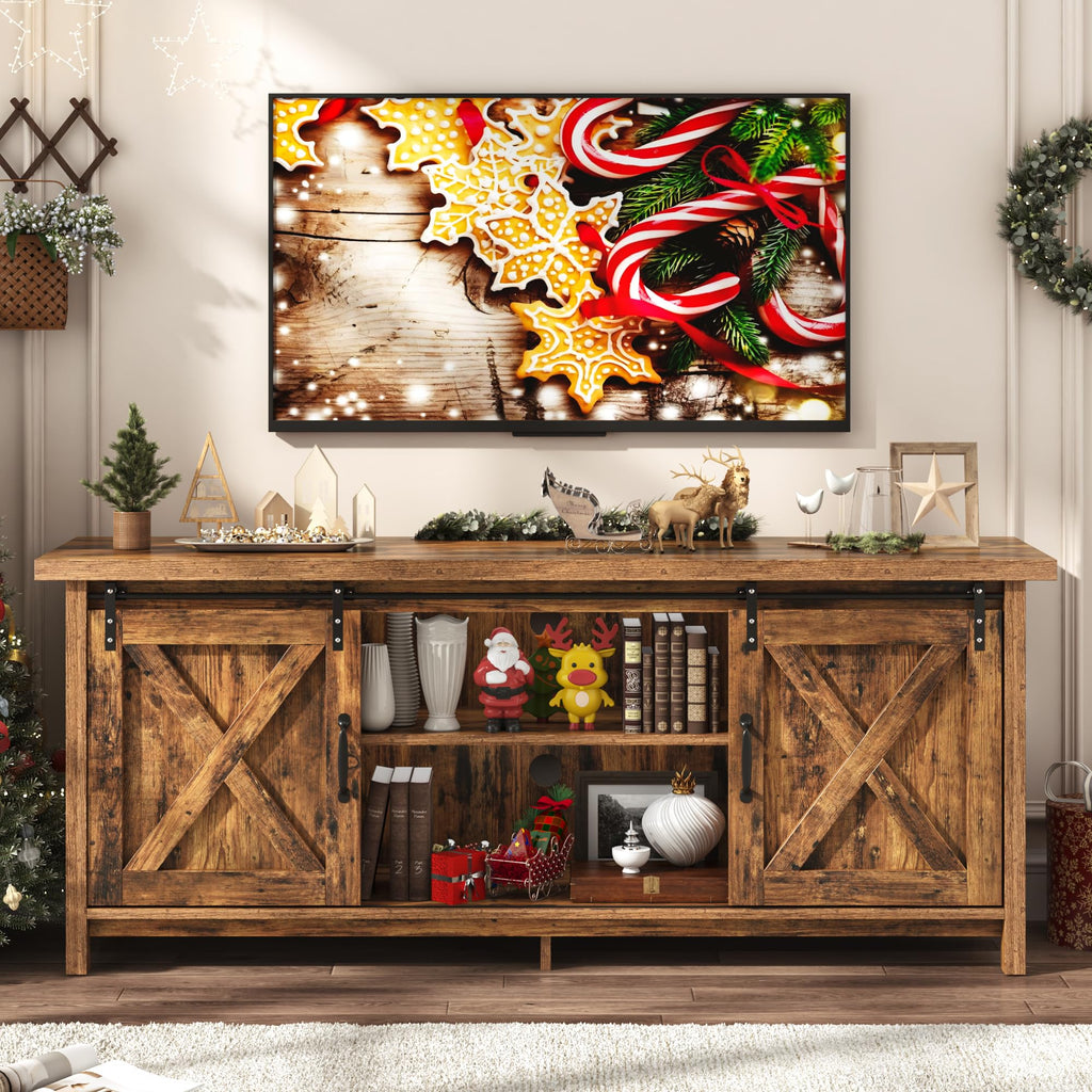65 Inch Brown Wood TV Stand with Sliding Barn Door Y60553