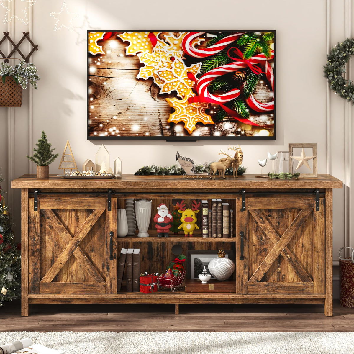 65 Inch Brown Wood TV Stand with Sliding Barn Door Y60553