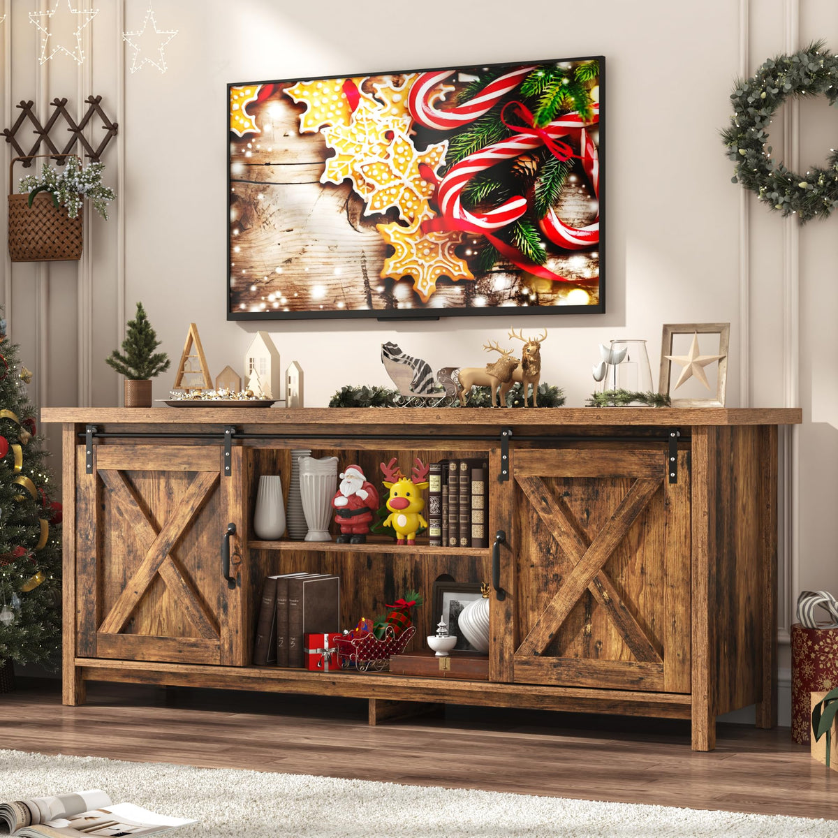 65 Inch Brown Wood TV Stand with Sliding Barn Door Y60553