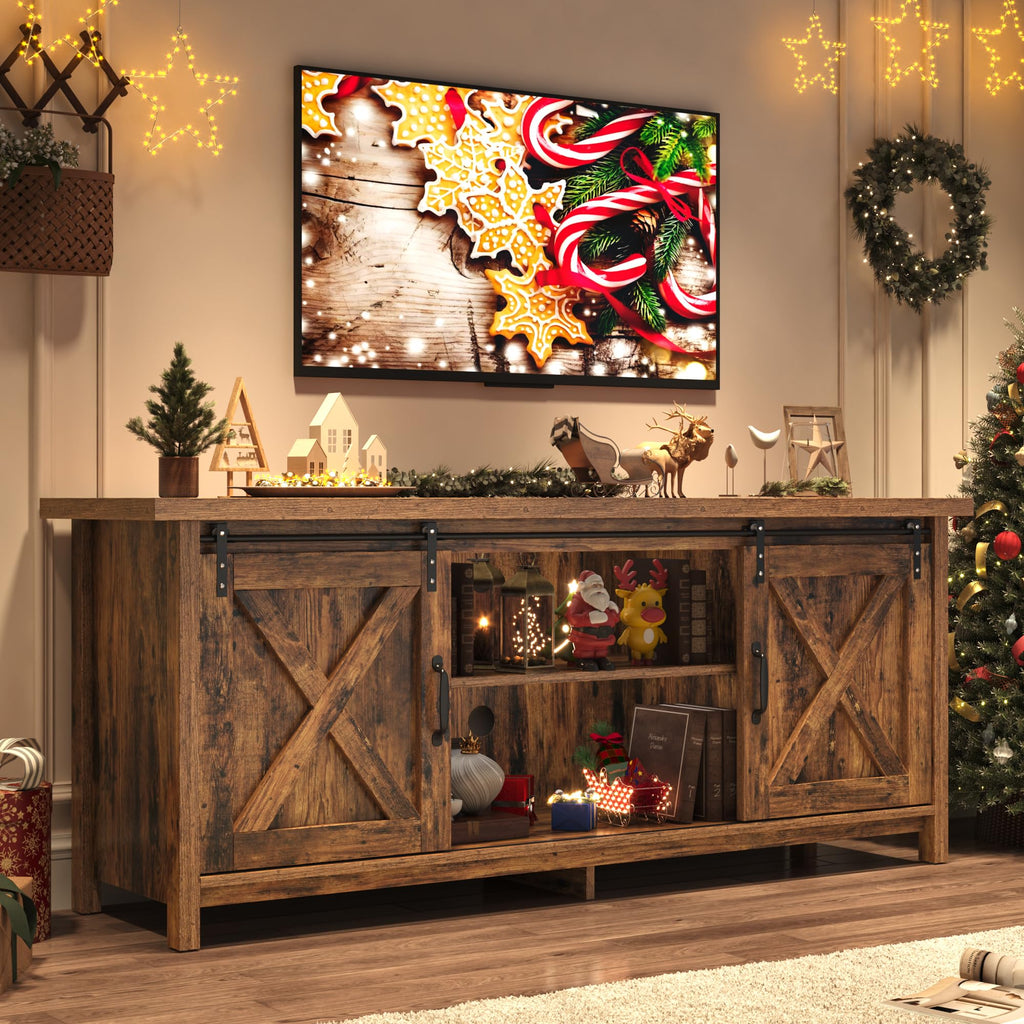 65 Inch Brown Wood TV Stand with Sliding Barn Door Y60553