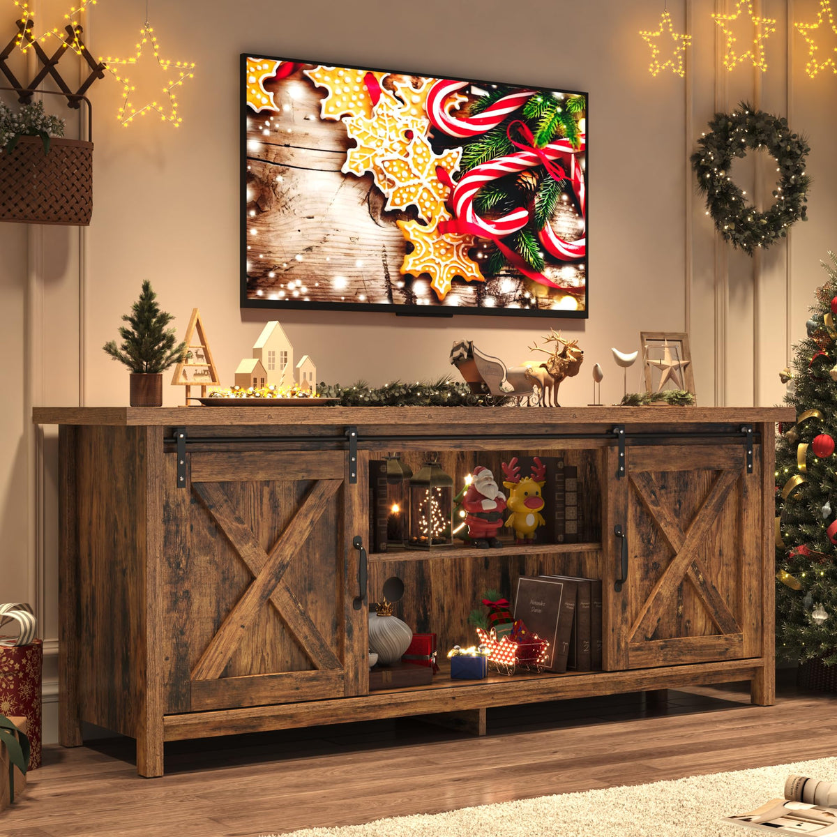 65 Inch Brown Wood TV Stand with Sliding Barn Door Y60553