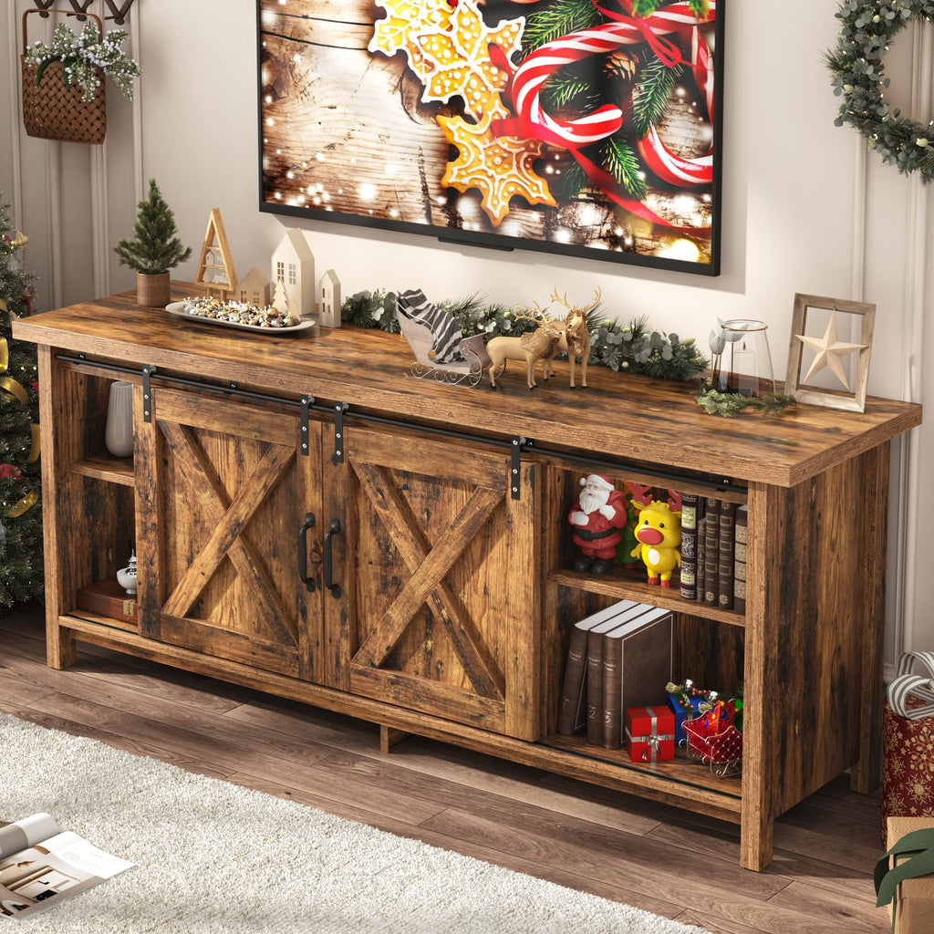 65 Inch Brown Wood TV Stand with Sliding Barn Door Y60553