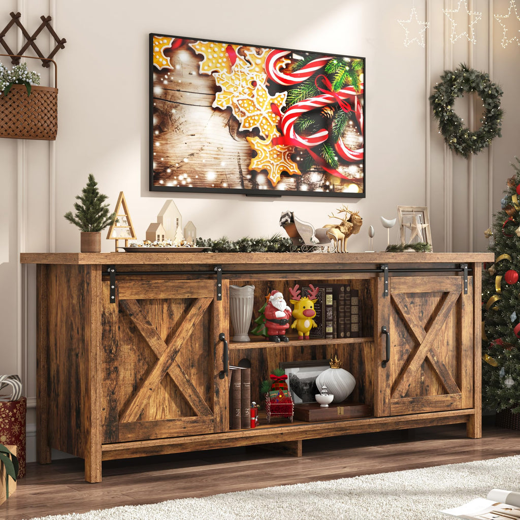 65 Inch Brown Wood TV Stand with Sliding Barn Door Y60553